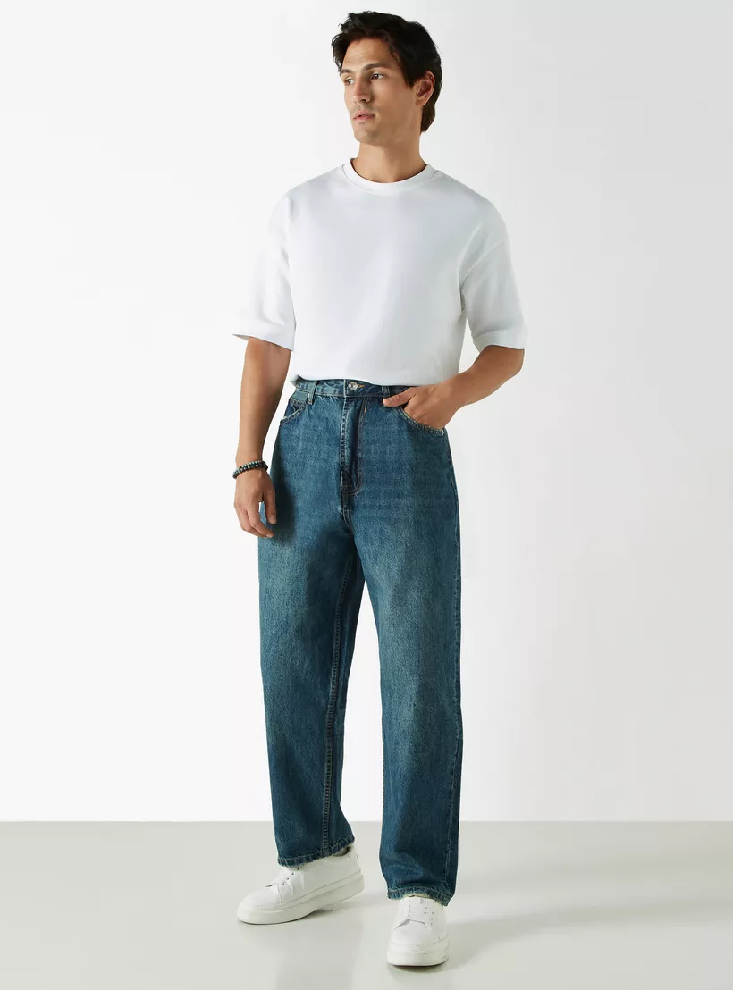Solid-Baggy-Fit-Jeans-with-Button-blue-1