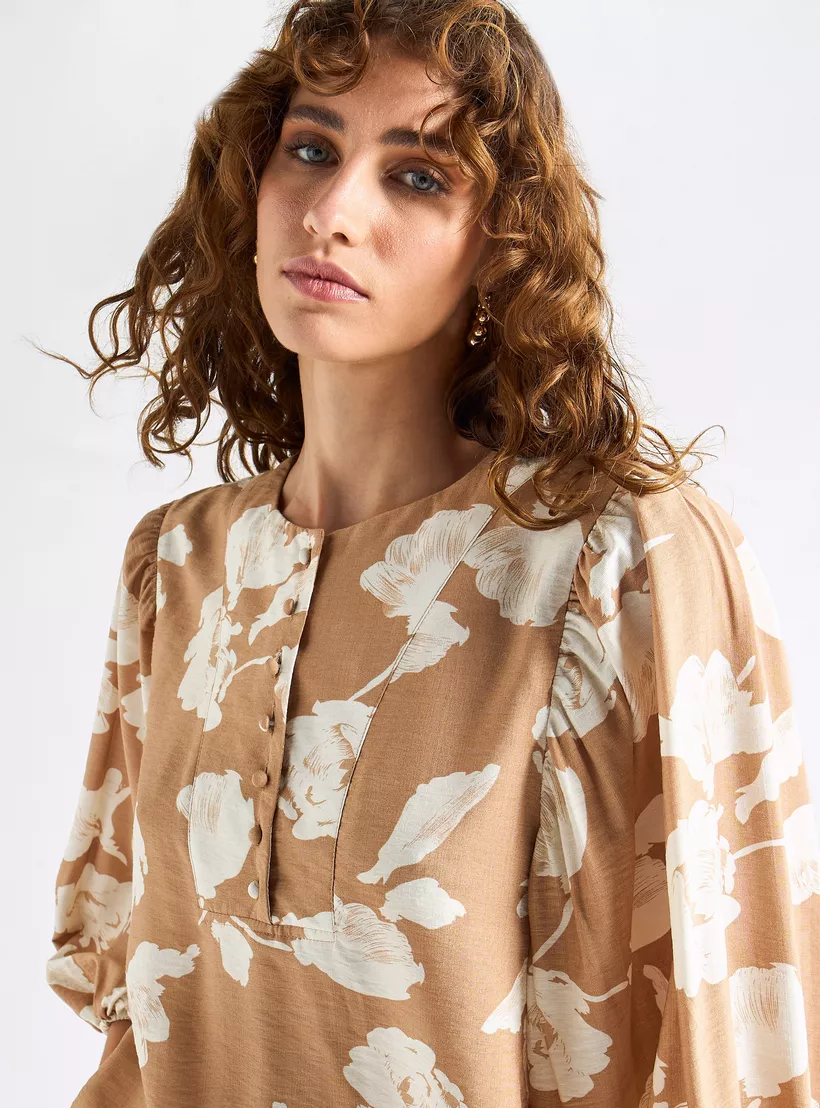 All-Over Floral Print Crew brown-4