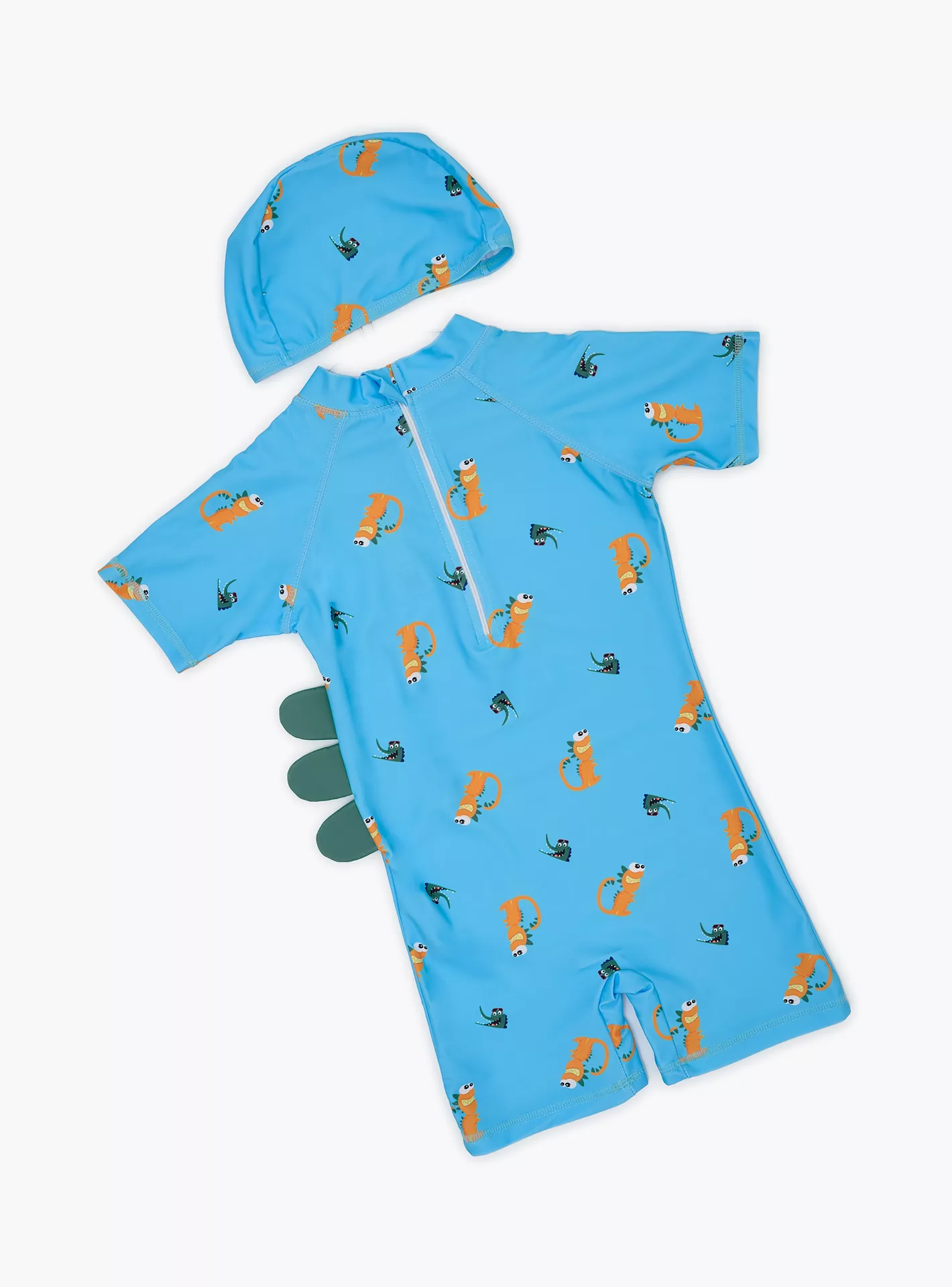 Babyqlo Crocodile Fun Printed Shorts Sleeves Swimwear Bodysuit with Cap-2