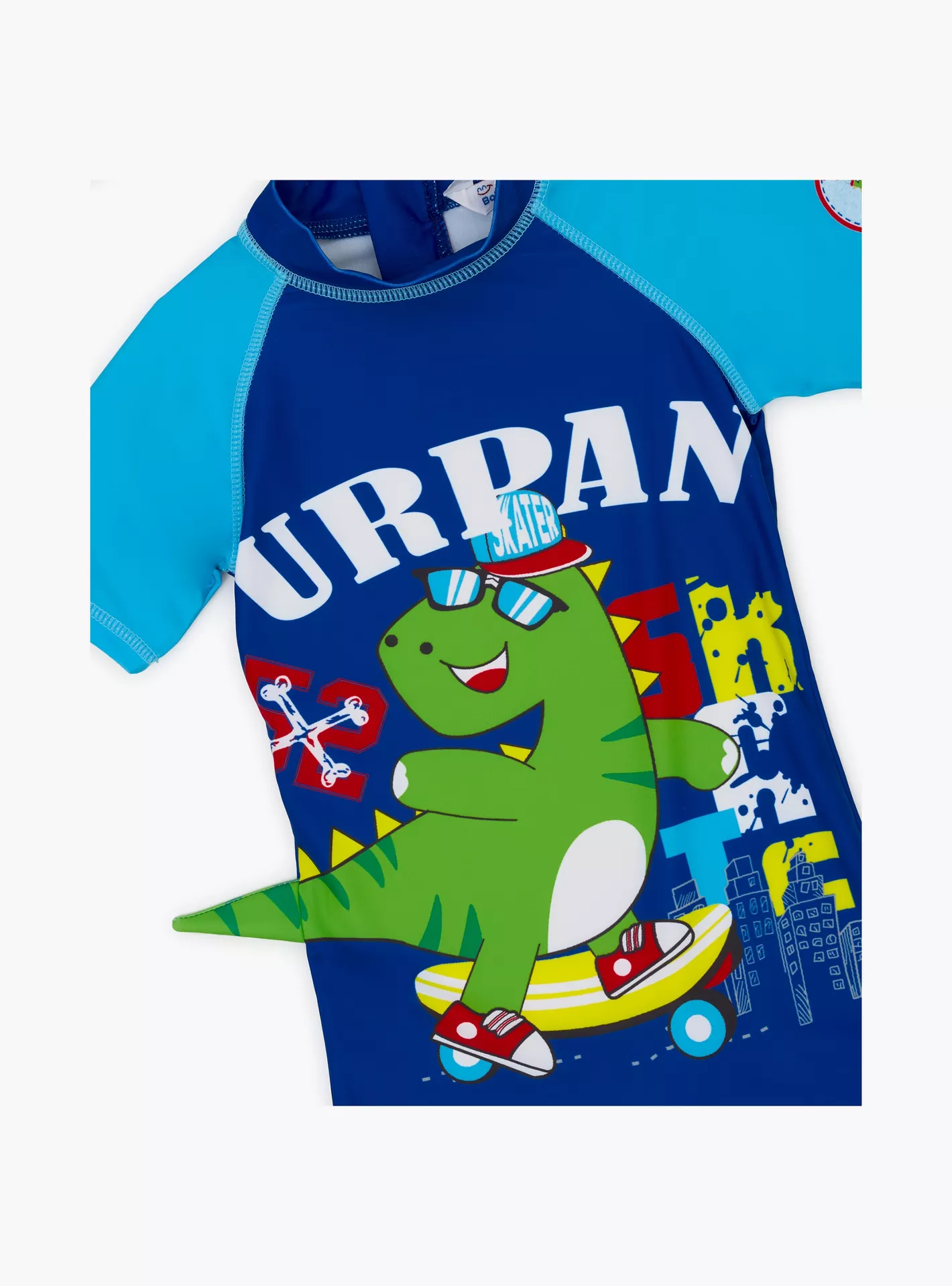 Babyqlo Urban Dino Printed Shorts Sleeves Swimwear Bodysuit with Cap-4