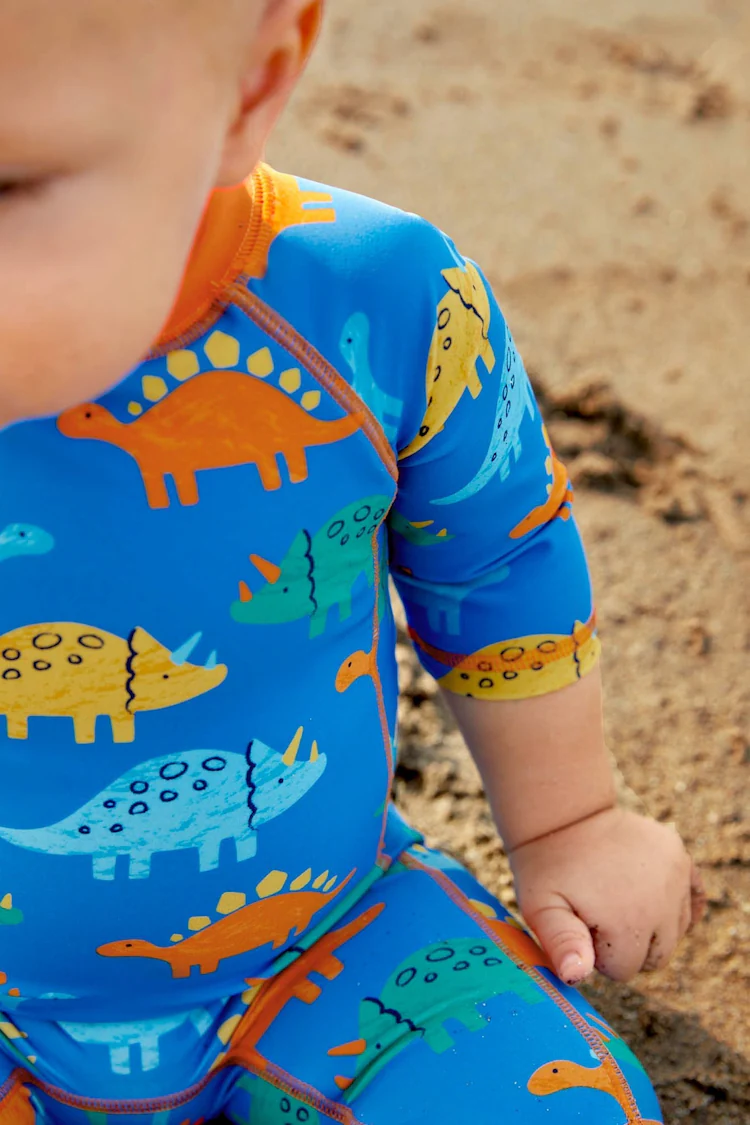 JoJo Maman Bébé Blue Dinosaur UPF 50 1-Piece Sun Protection Suit-3