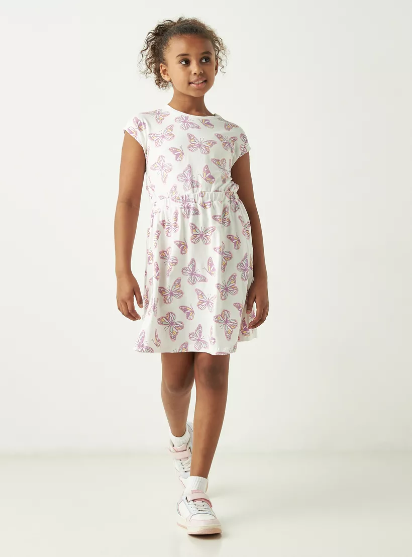 Juniors All-Over Butterfly Print A-Line Dress with Cap Sleeves and Ruffle Detail-2