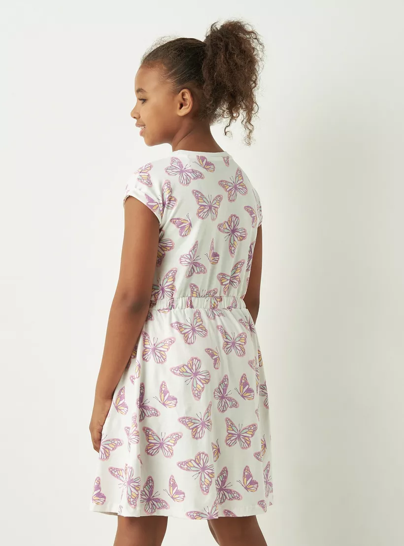 Juniors All-Over Butterfly Print A-Line Dress with Cap Sleeves and Ruffle Detail-3