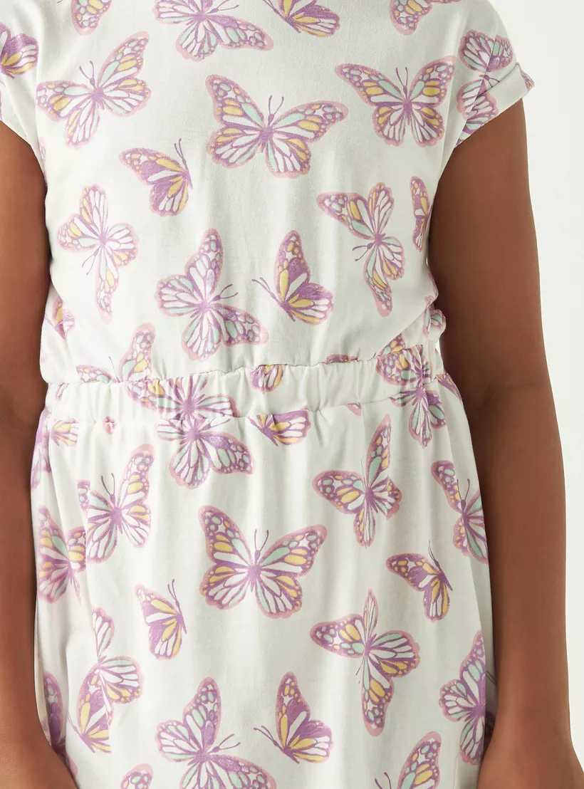 Juniors All-Over Butterfly Print A-Line Dress with Cap Sleeves and Ruffle Detail-4