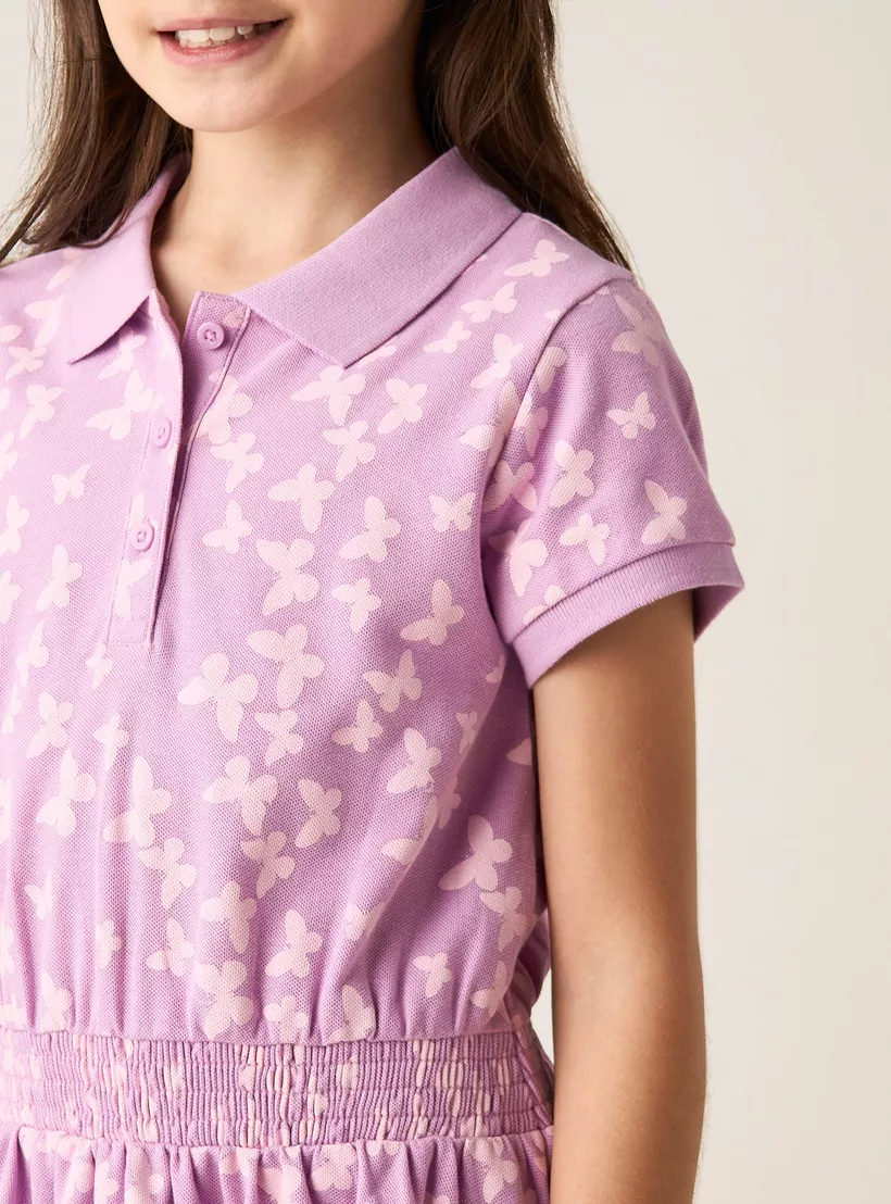 Juniors All-Over Butterfly Print Polo Dress with Short Sleeves-2