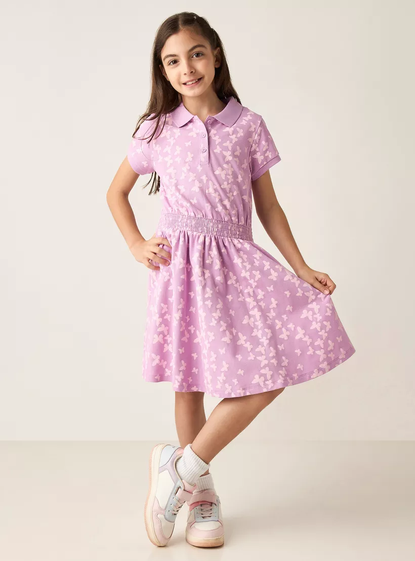 Juniors All-Over Butterfly Print Polo Dress with Short Sleeves-3