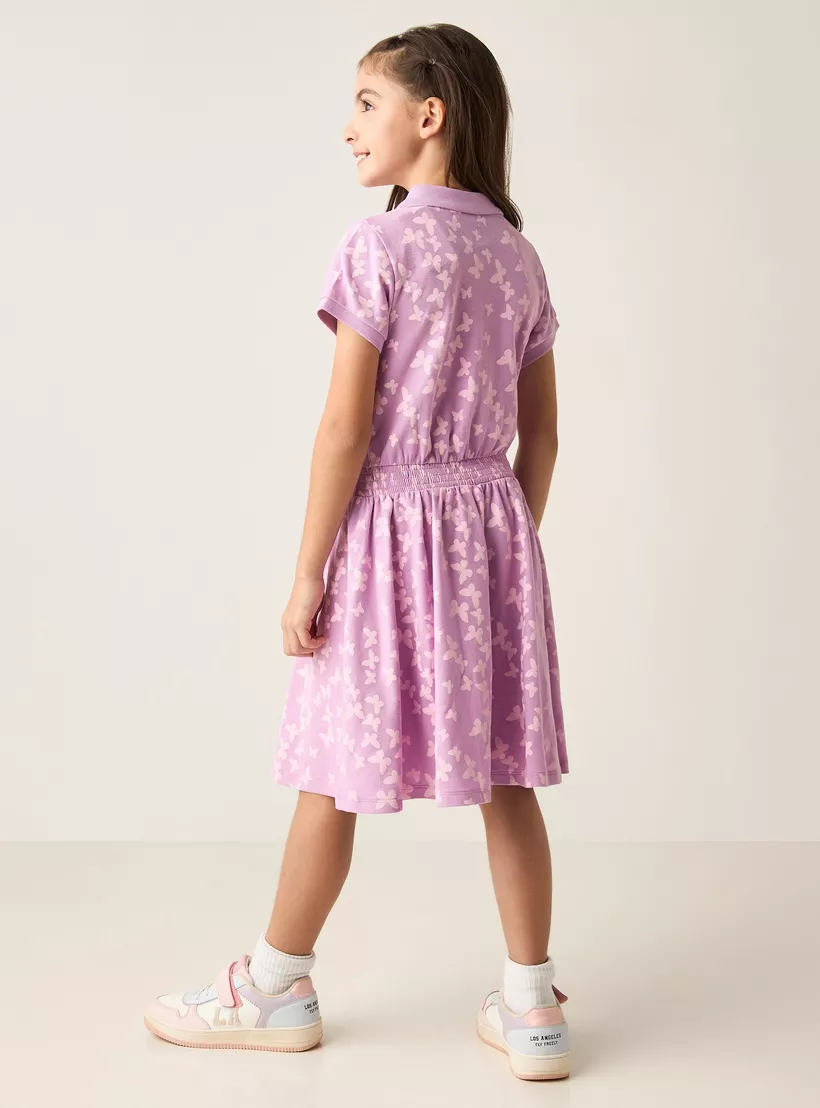 Juniors All-Over Butterfly Print Polo Dress with Short Sleeves-4