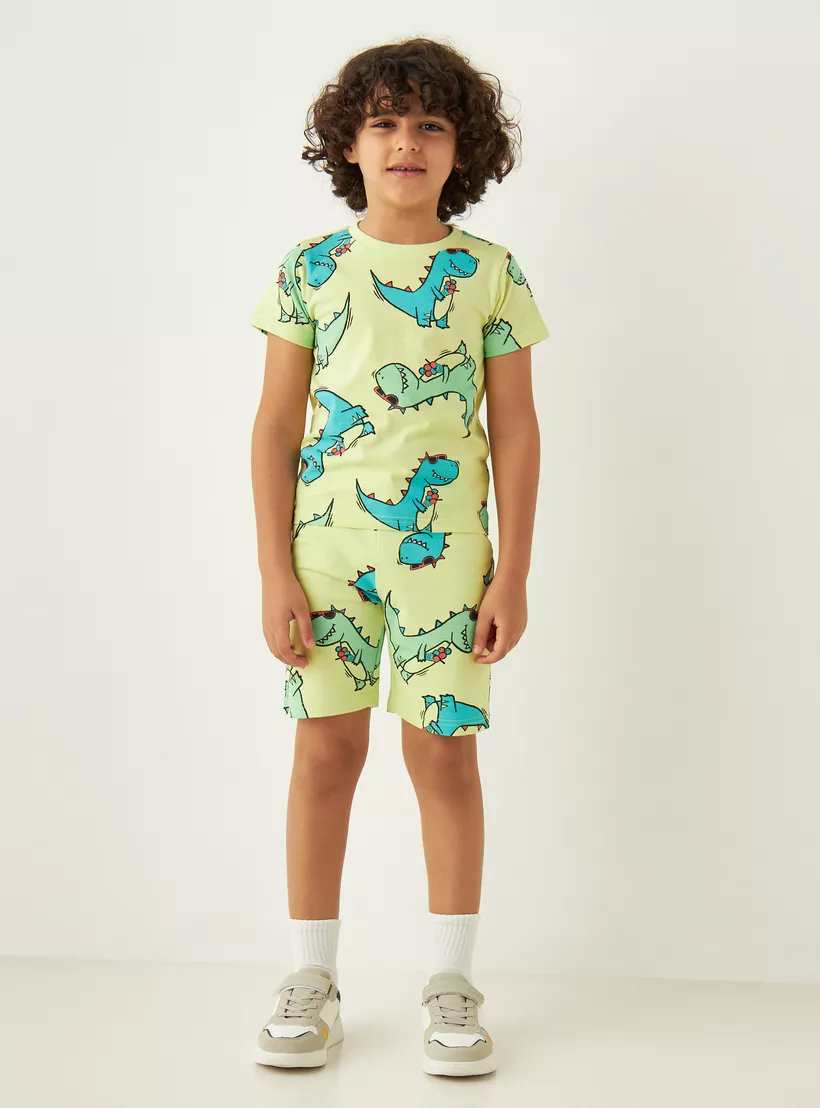 Juniors All-Over Dinosaur Graphic Print T-shirt with Crew Neck and Short Sleeves-2
