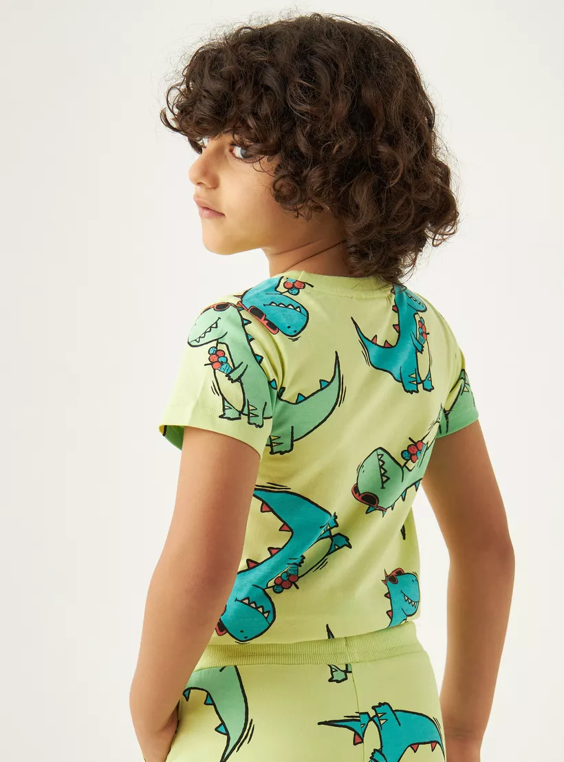 Juniors All-Over Dinosaur Graphic Print T-shirt with Crew Neck and Short Sleeves-3