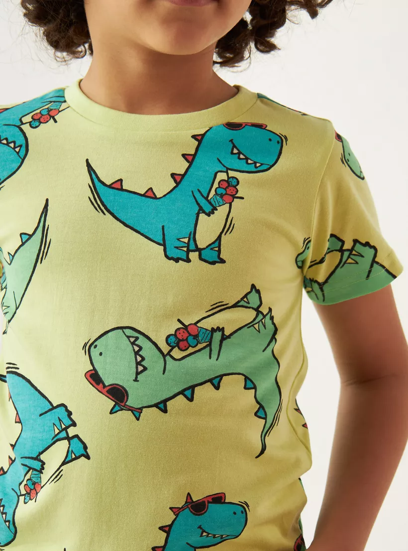 Juniors All-Over Dinosaur Graphic Print T-shirt with Crew Neck and Short Sleeves-4