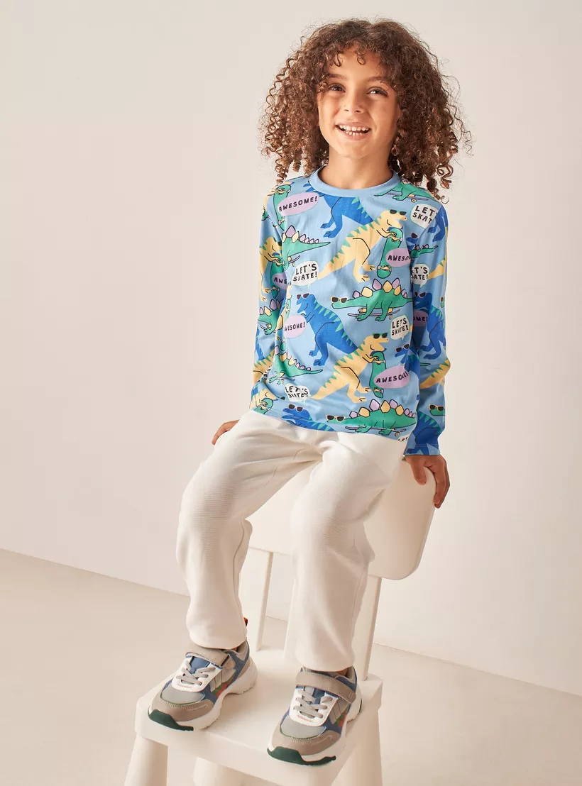 Juniors All-Over Dinosaur Print T-shirt with Long Sleeves-2