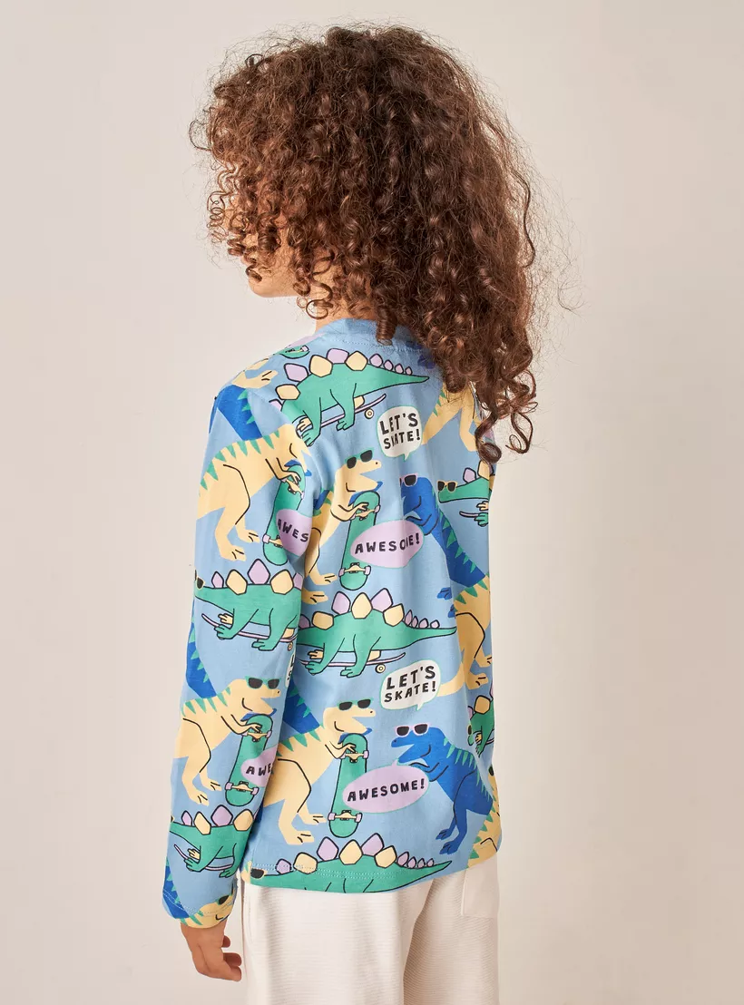 Juniors All-Over Dinosaur Print T-shirt with Long Sleeves-3