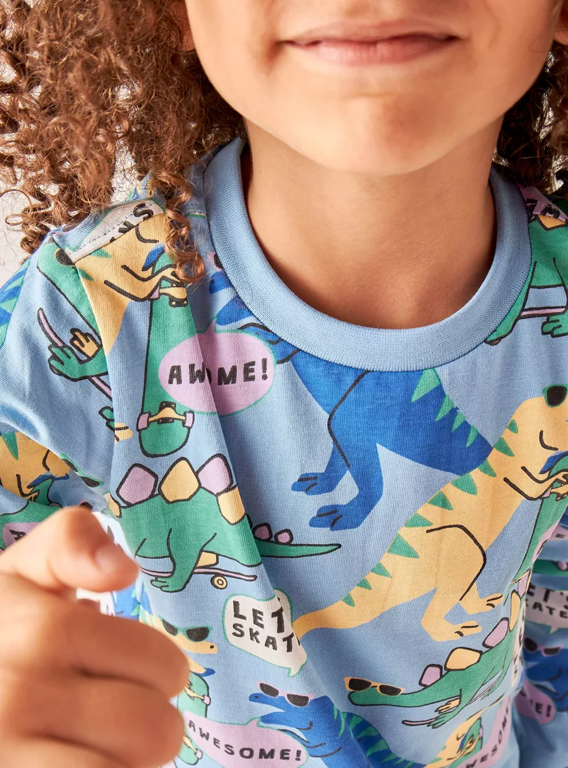 Juniors All-Over Dinosaur Print T-shirt with Long Sleeves-4