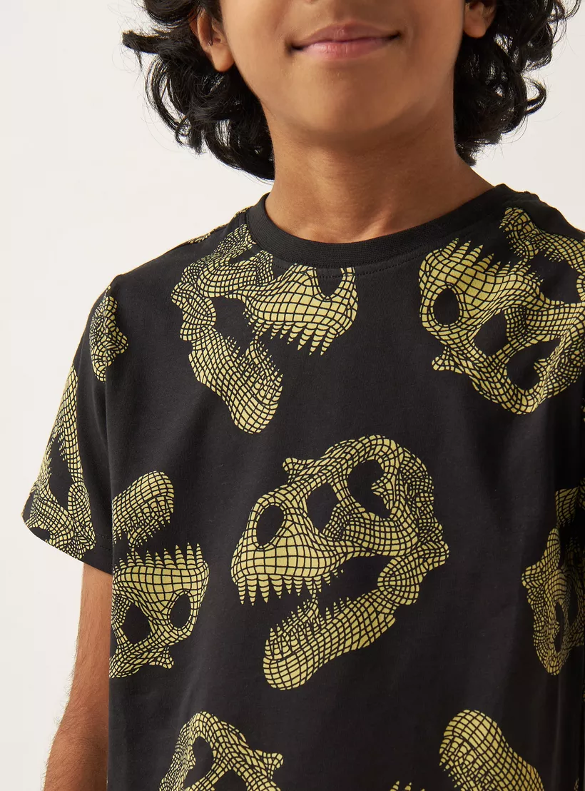 Juniors All-Over Dinosaur Print T-shirt with Short Sleeves-4