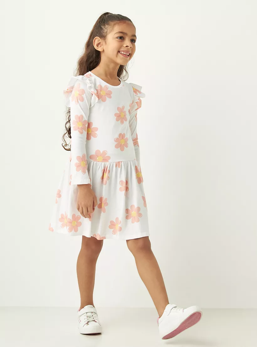 Juniors All-Over Floral Print A-Line Dress with Long Sleeves and Ruffle Detail-2