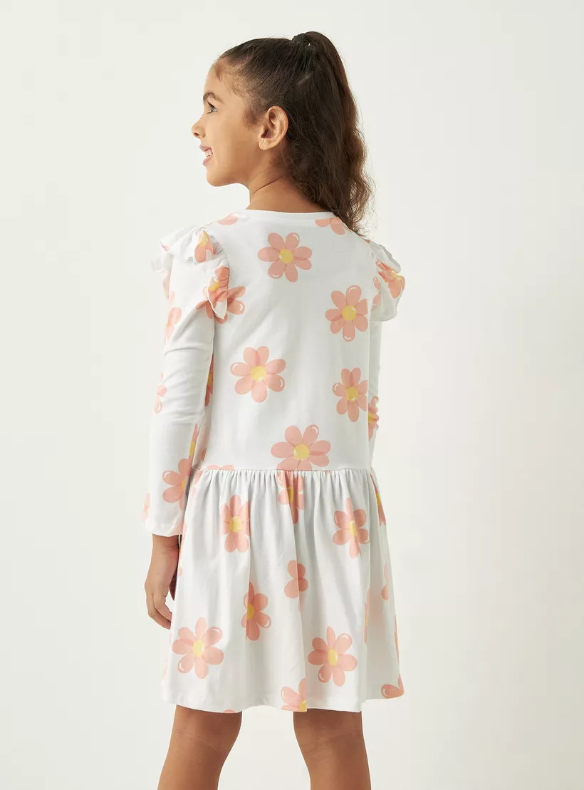 Juniors All-Over Floral Print A-Line Dress with Long Sleeves and Ruffle Detail-3