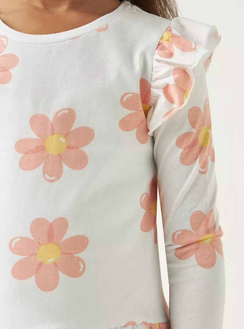 Juniors All-Over Floral Print A-Line Dress with Long Sleeves and Ruffle Detail-4