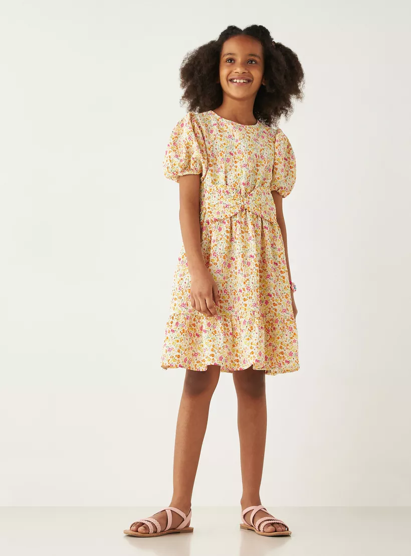 Juniors All-Over Floral Print A-Line Dress with Puff Sleeves-2