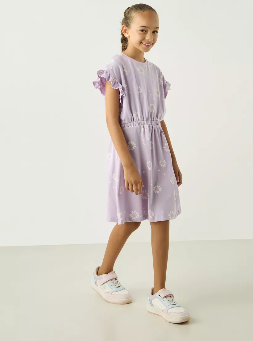Juniors All-Over Floral Print A-line Dress with Ruffle Sleeves and Elasticated Waist-2
