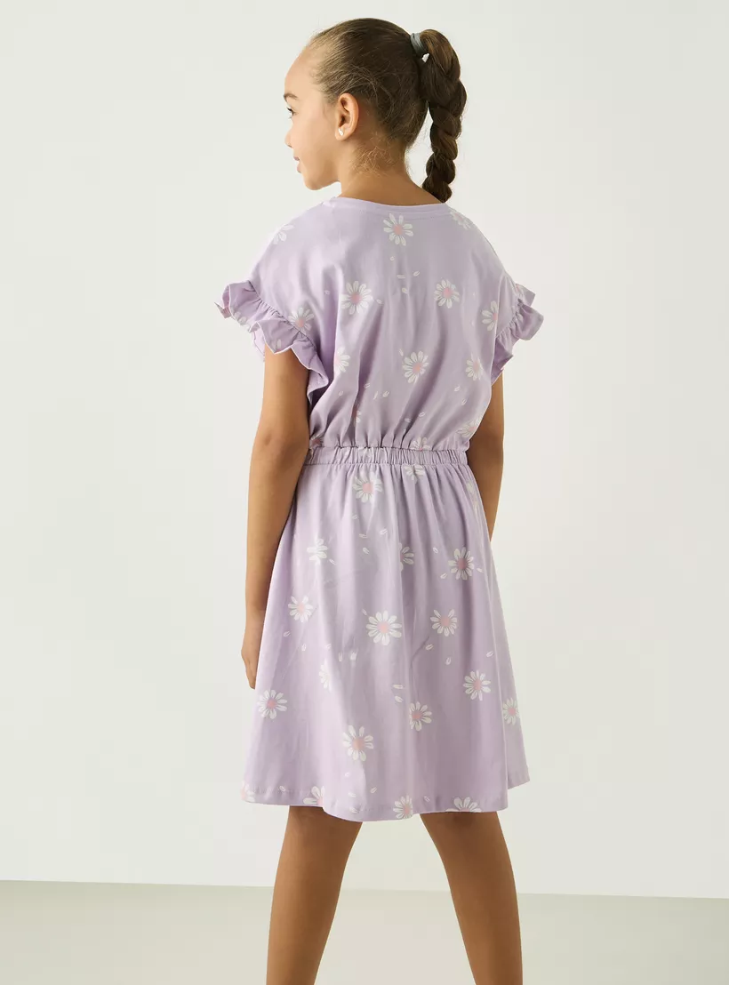 Juniors All-Over Floral Print A-line Dress with Ruffle Sleeves and Elasticated Waist-3