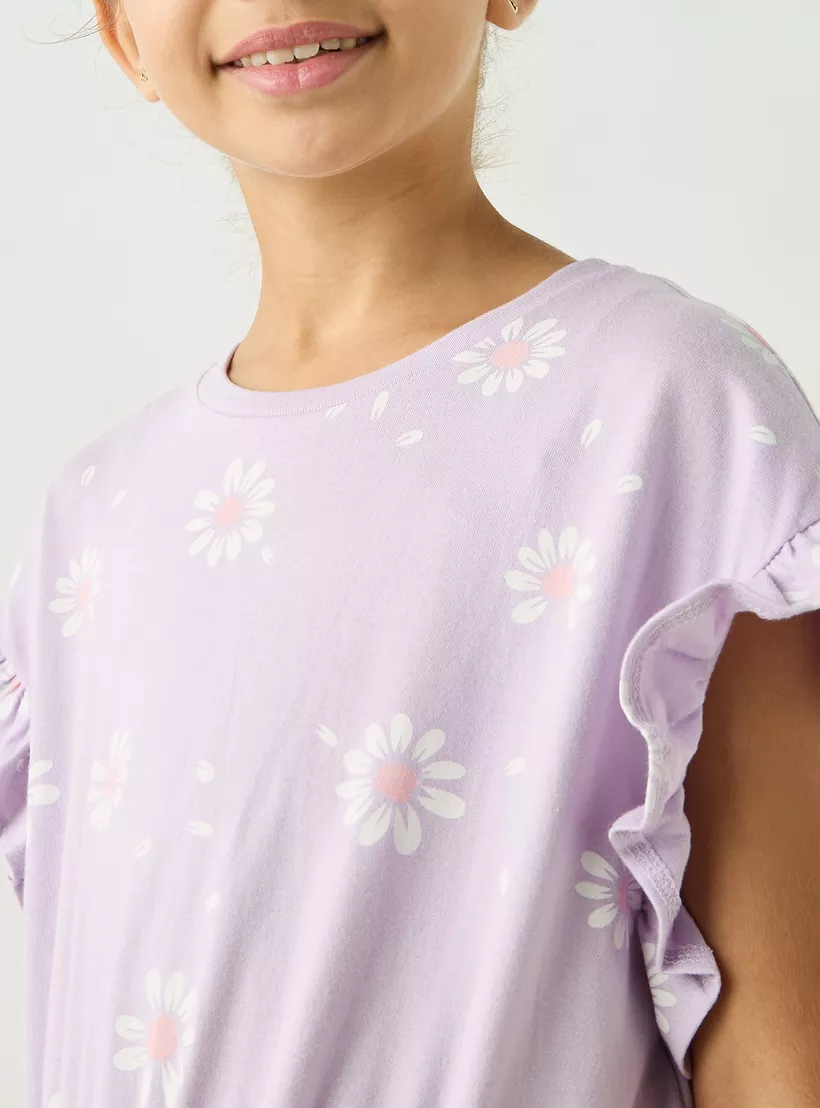 Juniors All-Over Floral Print A-line Dress with Ruffle Sleeves and Elasticated Waist-4