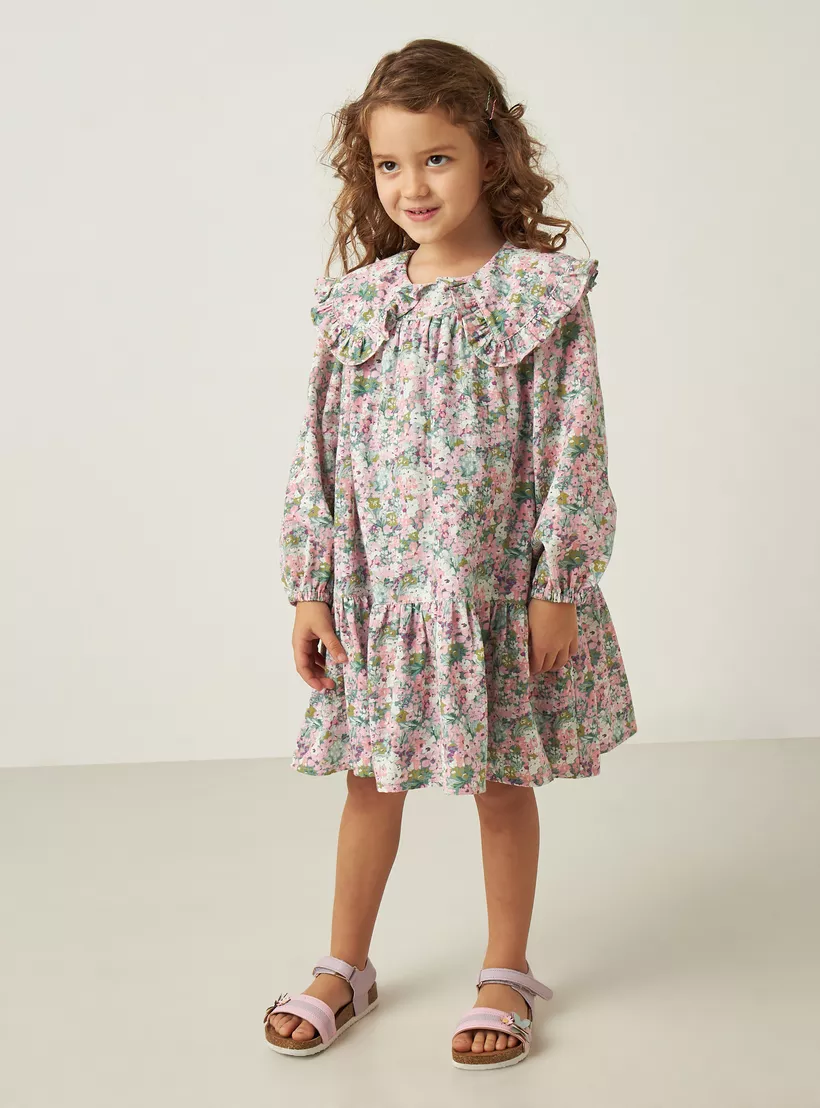 Juniors All-Over Floral Print Drop Waist Dress with Peter Pan Collar and Long Sleeves-2