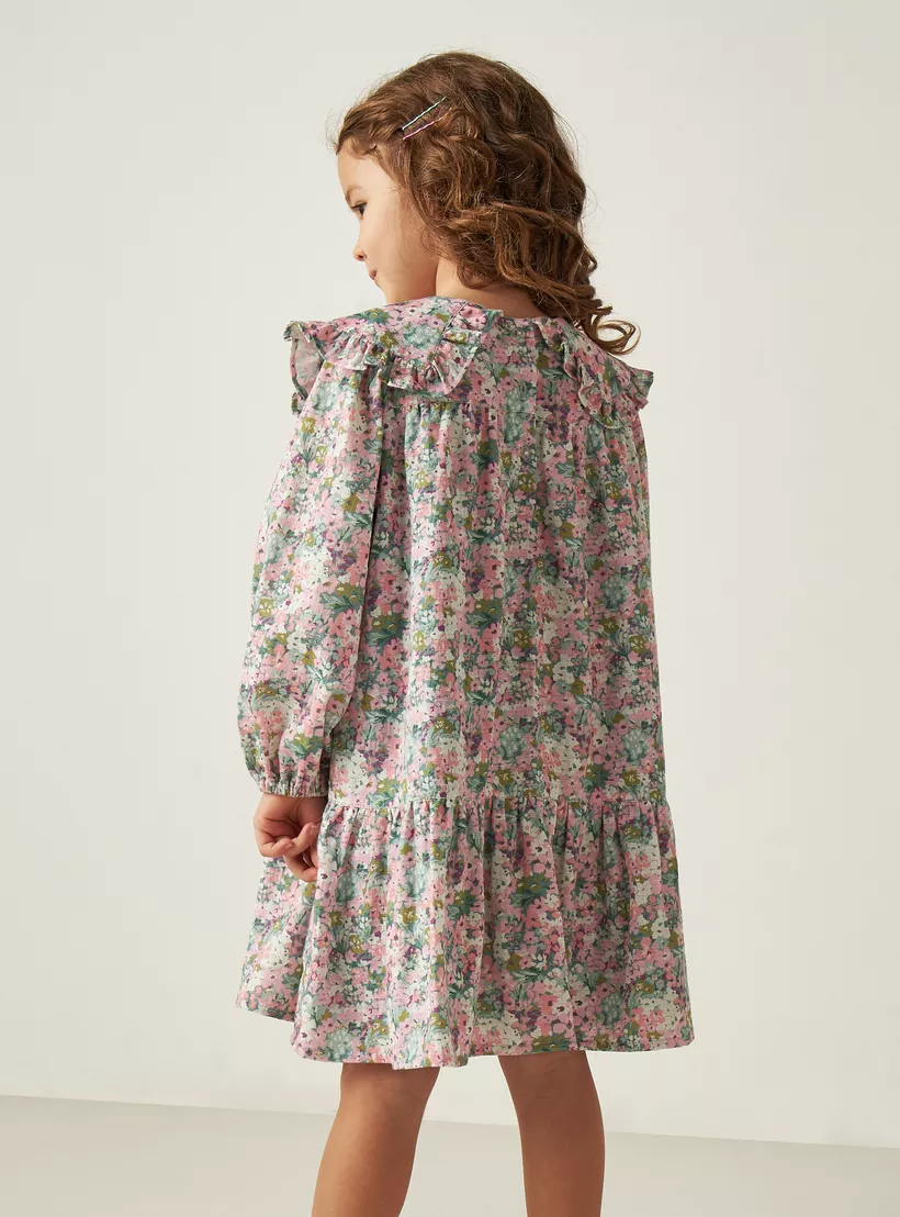 Juniors All-Over Floral Print Drop Waist Dress with Peter Pan Collar and Long Sleeves-4