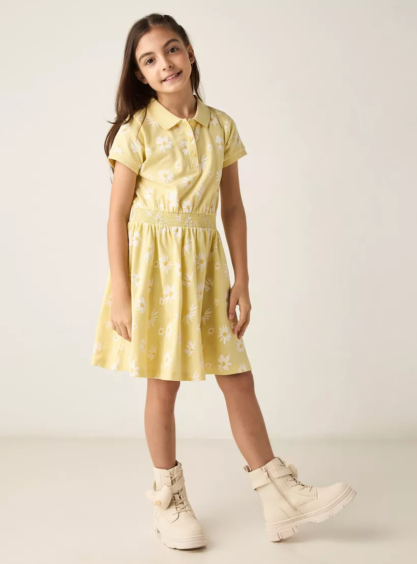 Juniors All-Over Floral Print Polo Dress with Short Sleeves-2