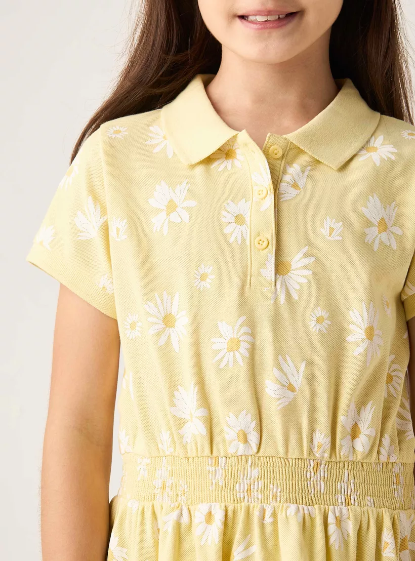 Juniors All-Over Floral Print Polo Dress with Short Sleeves-4