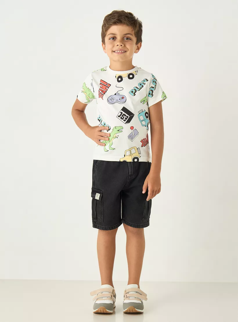 Juniors All-Over Gaming Print Crew Neck T-shirt with Short Sleeves-2