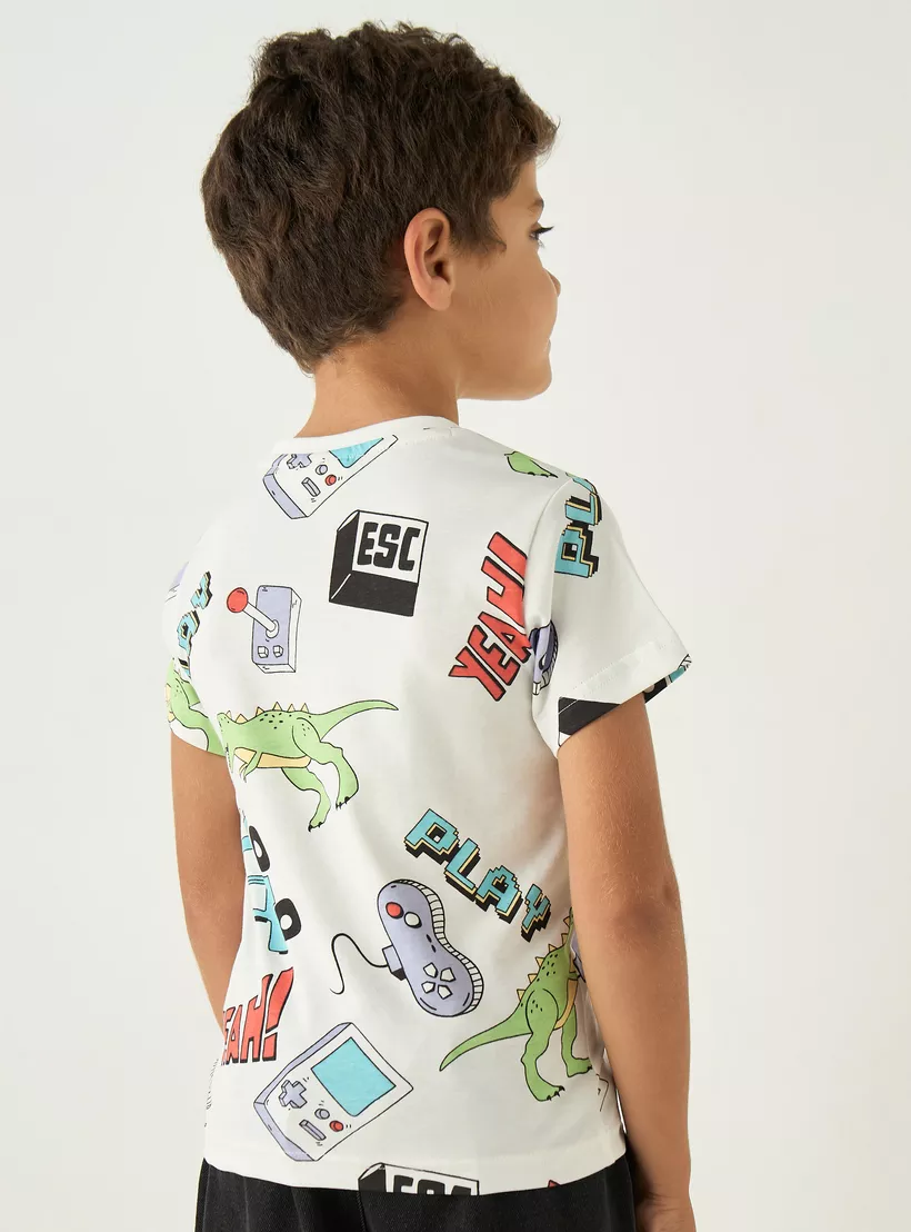 Juniors All-Over Gaming Print Crew Neck T-shirt with Short Sleeves-3
