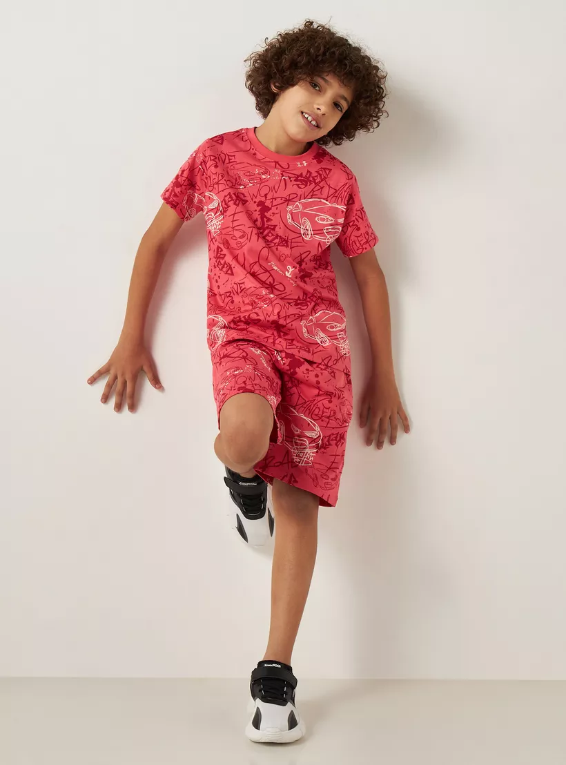 Juniors All-Over Graffiti Print T-shirt with Short Sleeves and Crew Neck-2