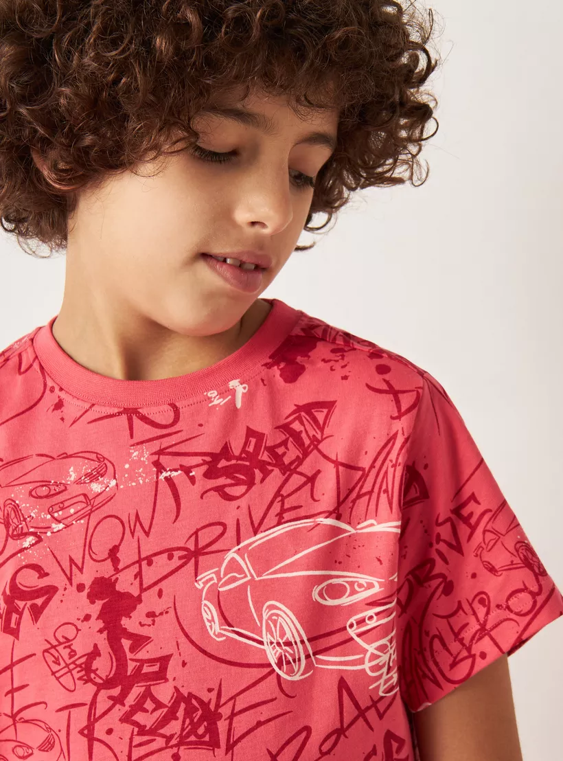 Juniors All-Over Graffiti Print T-shirt with Short Sleeves and Crew Neck-3