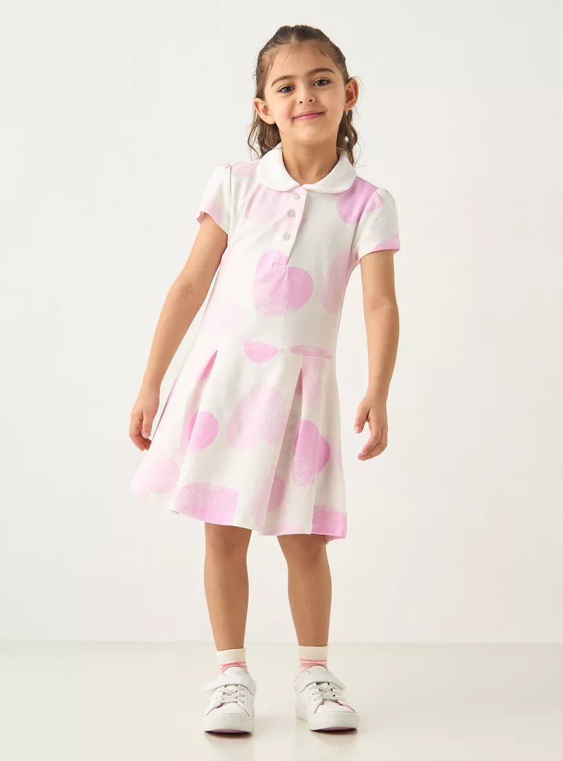 Juniors All-Over Heart Print Polo Dress with Short Sleeves-2