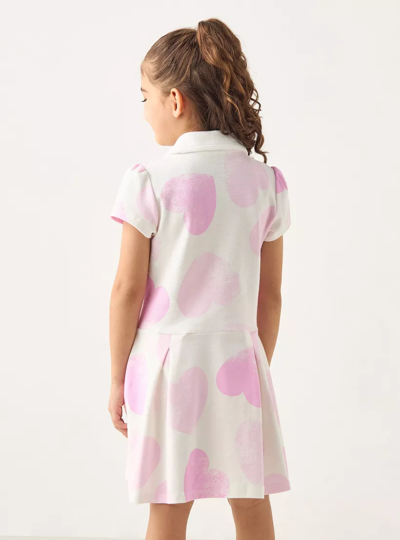 Juniors All-Over Heart Print Polo Dress with Short Sleeves-3
