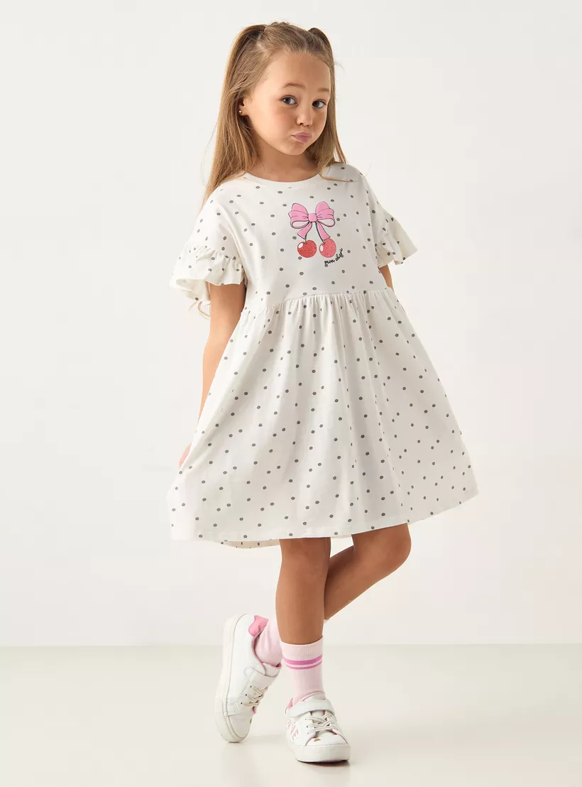 Juniors All-Over Polka Print Dress with Short Sleeves-2