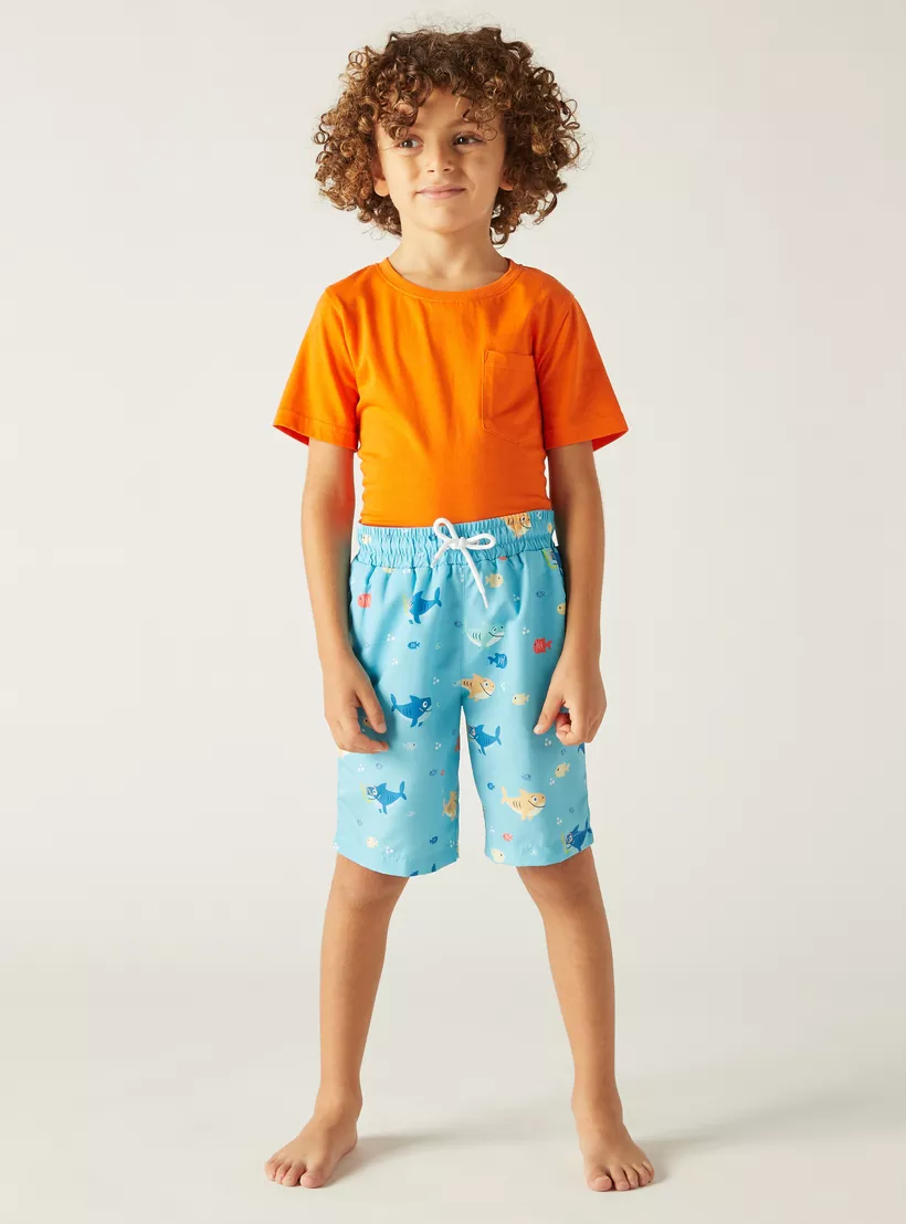 Juniors All-Over Shark Print Swim Shorts with Drawstring Closure-2