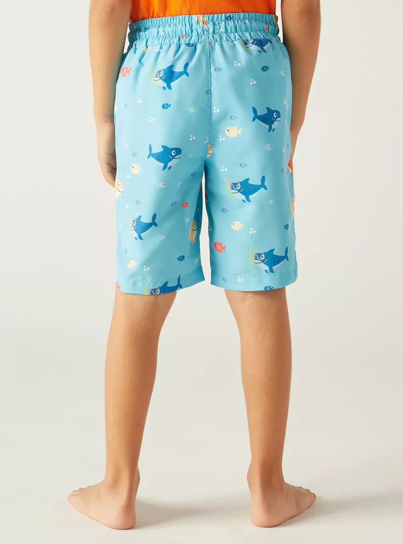 Juniors All-Over Shark Print Swim Shorts with Drawstring Closure-3