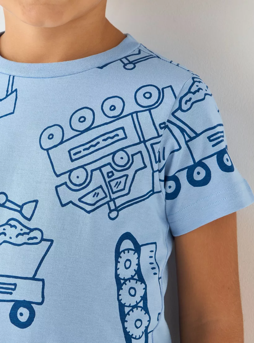 Juniors All-Over Vehicle Print Crew Neck T-shirt with -4