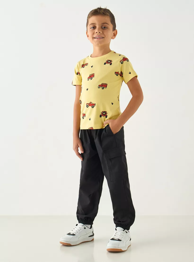 Juniors All-Over Vehicle Print Crew Neck T-shirt with Short Sleeves-2