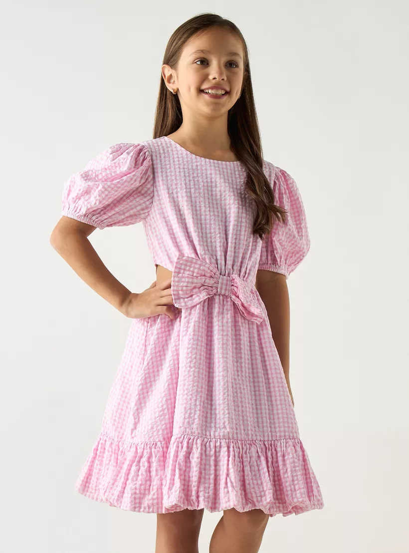 Juniors Checked A-Line Dress with Balloon Sleeves and Bow Detail-2