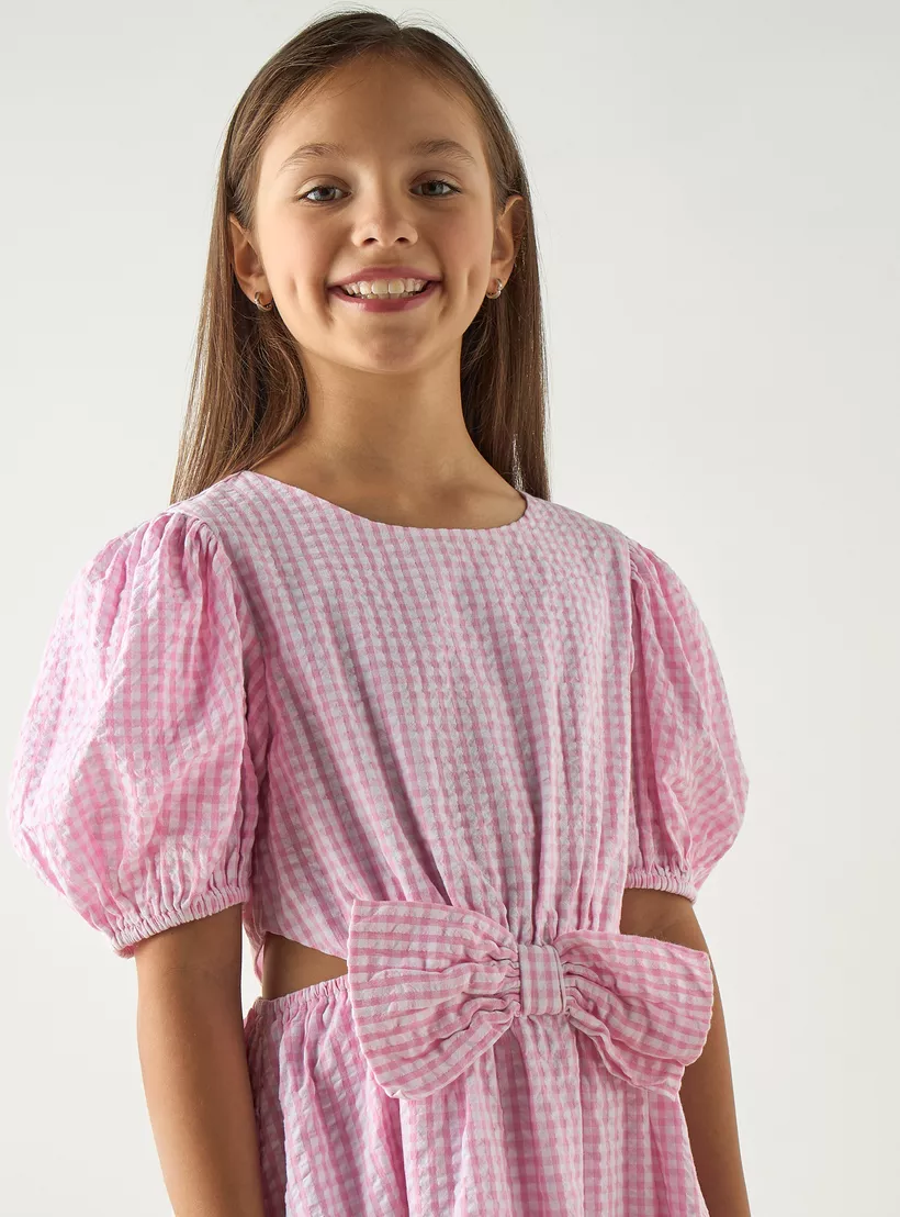 Juniors Checked A-Line Dress with Balloon Sleeves and Bow Detail-4