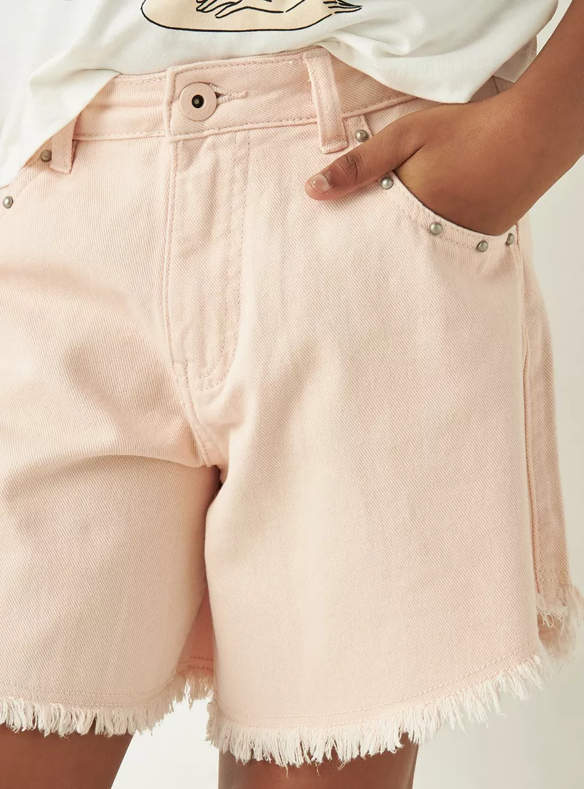 Juniors Denim Shorts with Pockets and Button Closure-4