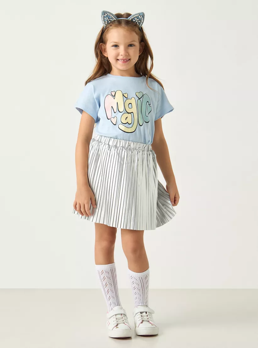 Juniors Glitter Print Short Sleeve T-shirt with Crew Neck - 2