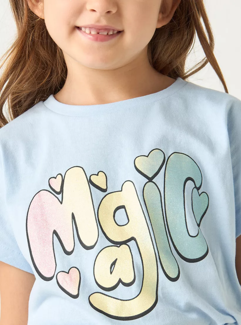 Juniors Glitter Print Short Sleeve T-shirt with Crew Neck - 4