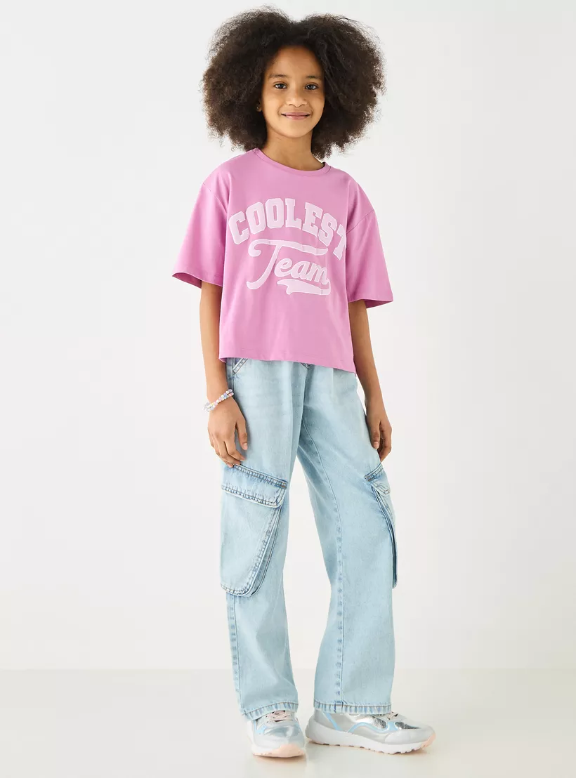 Juniors Graphic Print T-Shirt with Crew Neck and Short Sleeves-2