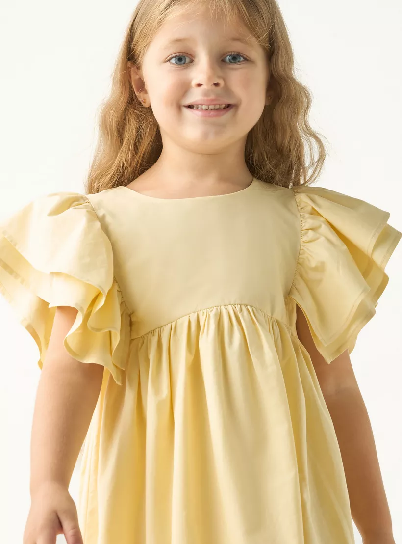 Juniors Solid A-line Dress with Ruffles and Button Closure-4