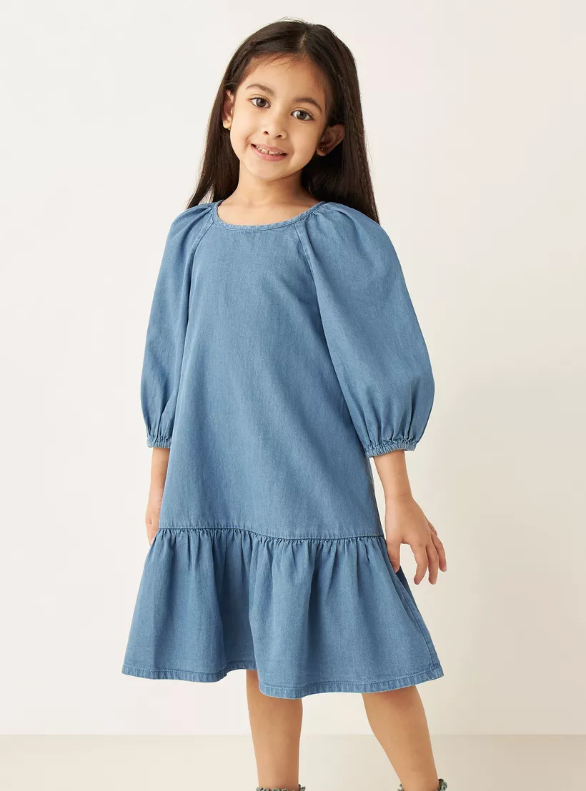 Juniors Solid Drop Waist A-line Cotton Dress with Volume Sleeves-12