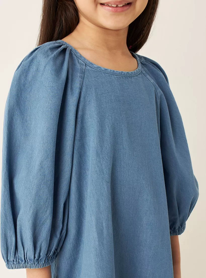 Juniors Solid Drop Waist A-line Cotton Dress with Volume Sleeves-3