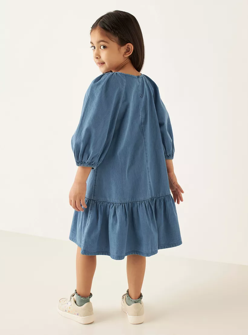 Juniors Solid Drop Waist A-line Cotton Dress with Volume Sleeves-4